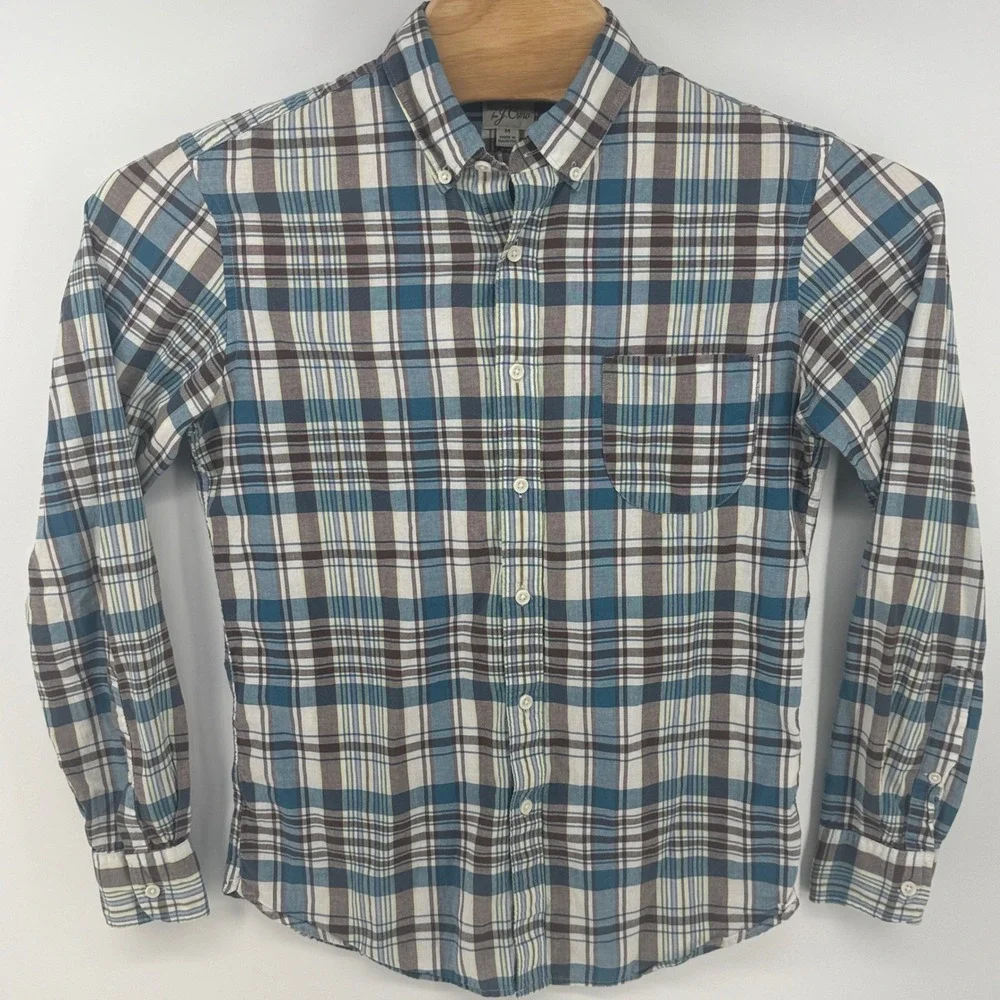 J.Crew Mens Slim Indian Madras Plaid Button Down Shirt Blue Brown G0784 Size M